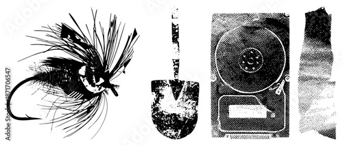 Fly Fishing Lure, Shovel, Hard Drive, and Fabric Vector