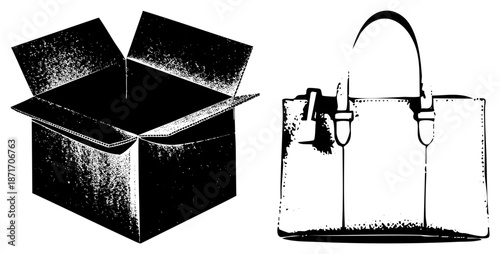 Open Cardboard Box and Handbag Silhouettes in Halftone Vector Art