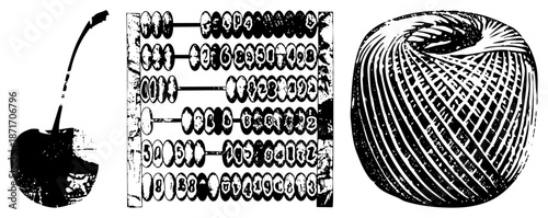 Vintage Abacus, Cherry, and Yarn Ball in Stylized Black and White Vector Illustration