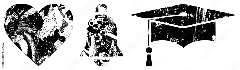 Obraz premium Vintage Halftone Heart, Bell, and Graduation Cap