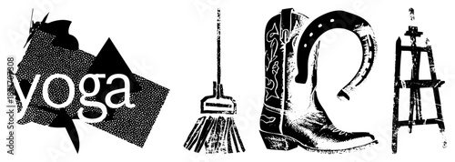 Yoga Text Logo with Halftone Mountain Silhouette and Bold Lettering