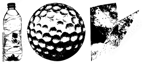Vector Illustration of Water Bottle, Golf Ball, and Abstract Fragmented Shapes