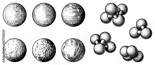 Vintage Halftone Illustrations of Planets and Molecular Structures
