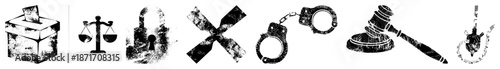 Legal Symbols Including Gavel, Handcuffs, and Scales of Justice