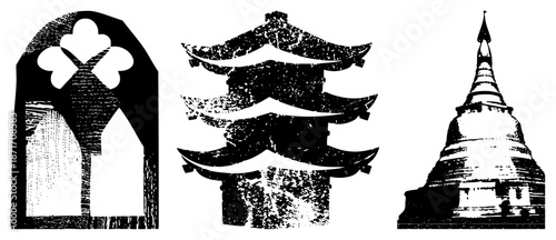 Gothic, Japanese, and Buddhist Stupa Silhouettes in Halftone Vector