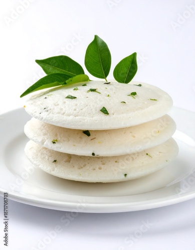 Stack of three round, fluffy savory South Indian steamed cakes