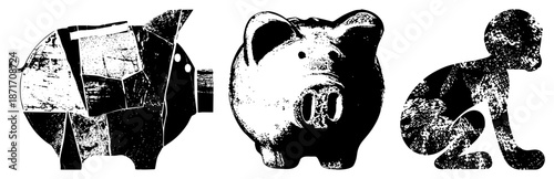 Abstract Piggy Bank, Child, and Broken Pig Silhouettes in Halftone Vector Art
