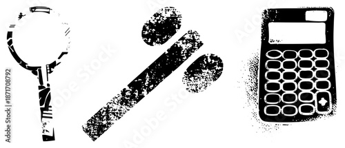 Grunge Styled Calculator, Magnifying Glass, and Percentage Symbol