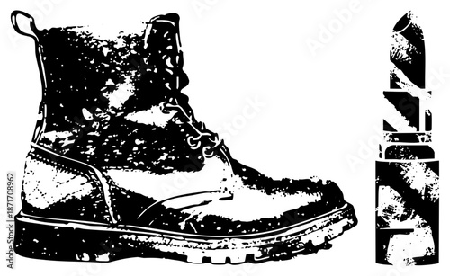 Stylized Military Boot and Lipstick in High Contrast Graphic Design
