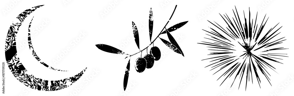 Obraz premium Moon, Olive Branch, and Starburst Vector Set