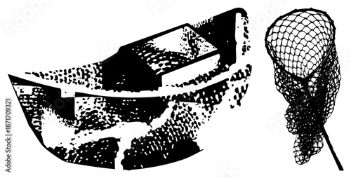 Vintage Fishing Net and Boat Hull Silhouettes with Textured Grunge Effect