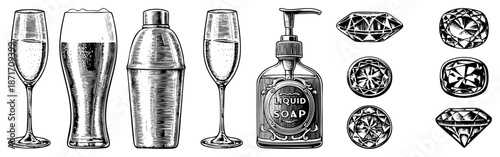 Vintage Style Barware and Gemstone Illustrations in Art