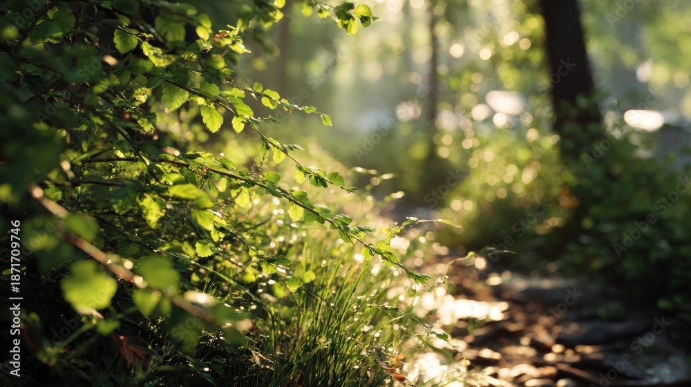 Fototapeta premium Enchanting Sunlight Filtering Through Lush Green Forest Canopy and Undergrowth