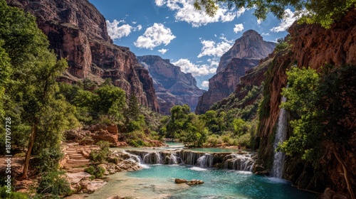 Vibrant natural oasis features cascading turquoise water amidst immense rocky canyon walls and lush foliage under a bright sky