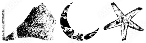 Vintage Textured Symbols Rock, Moon, Starfish in Halftone Vector Art