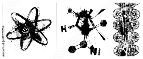 Abstract Molecular & Atomic Structures in Grunge Vector Art