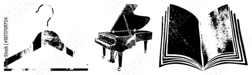 Vintage Wooden Clothes Hanger, Piano, and Open Book Vector