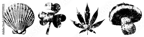 Four Stylized Nature Symbols in Grunge Vector Art