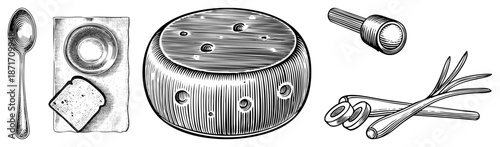 Vintage Cheese & Bread Set with Spoons and Garlic Cloves