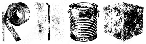 Rolled Metal Strip, Pry Bar, Galvanized Bucket, Textured Cube Industrial Vector Set