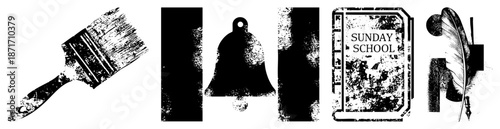 Vintage Sunday School Book, Bell, Paintbrush, and Quill Pen Set