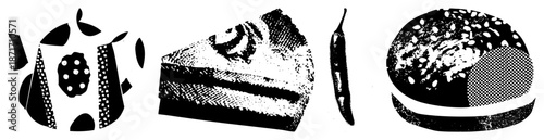 Black and White Halftone Illustration of Tea Pot, Cake, Chili, and Burger