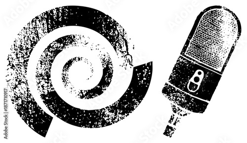 Vintage Microphone and Spiral Graphic in Grunge Halftone Style