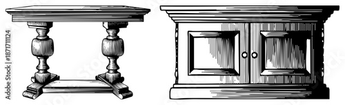 Ornate Wooden Table and Cabinet with Carved Legs and Panel Doors