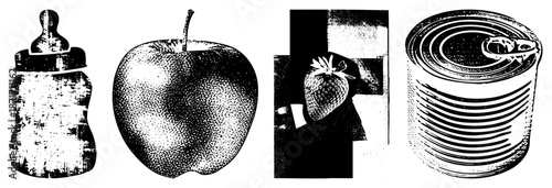 Vintage Halftone Illustration of Baby Bottle,, Strawberry, and Canned Food