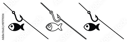  fishing hooks with fish on lines in minimalist style,Crossed fishhooks with a fish on white background. Isolated illustration.
