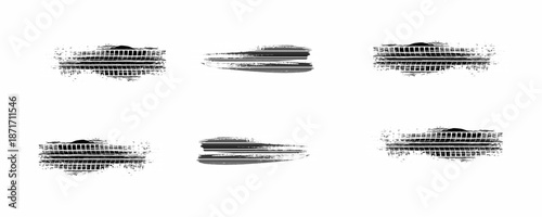 Tire tread marks, drift, motorsport, motocross, rally, tread mark with skid, grinding, splash effect. Graphic set of tire treads, wheel texture, car racing. Vector collection, wheel treads on asphalt