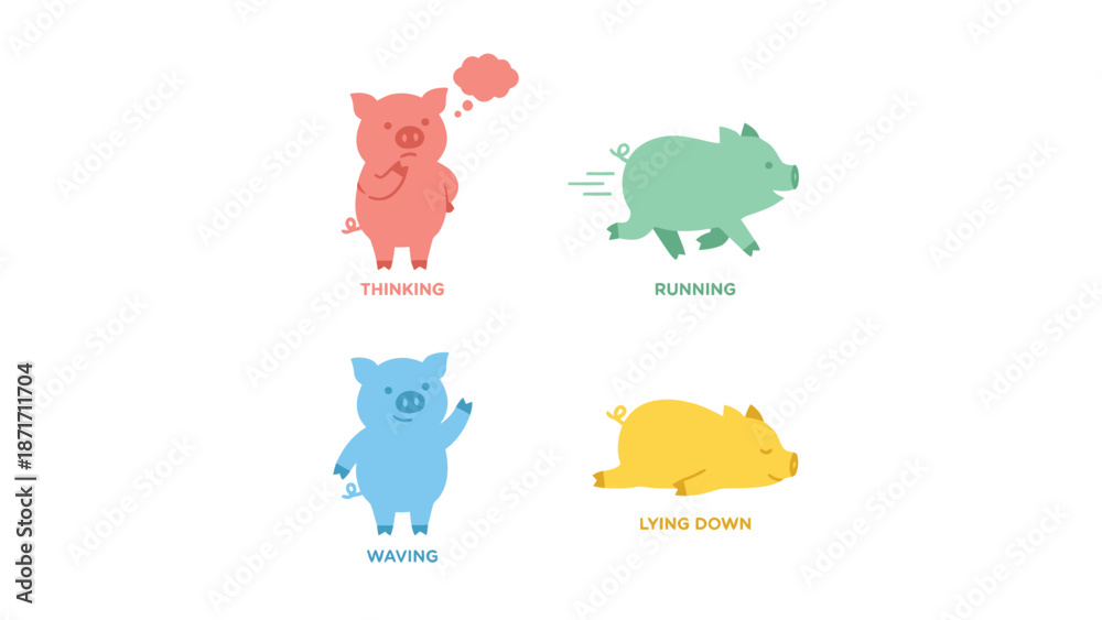 Fototapeta premium Four cute colorful cartoon pigs demonstrating actions: thinking, running, waving, and lying down. Simple vector illustration on white.
