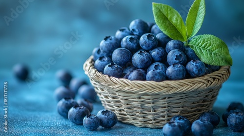 Wallpaper Mural Freshly Picked Blueberries in a Woven Basket on a Blue Background Torontodigital.ca
