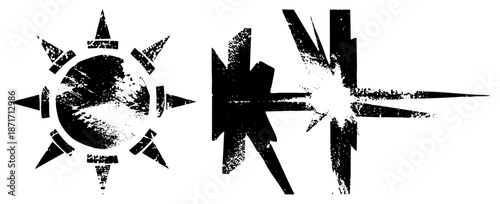 Grunge Style Sun and Explosion Symbols with Distressed Textures