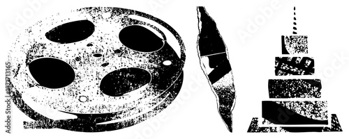 Vintage Film Reel, Stone Tool, and Silhouettes in Halftone Vector Art