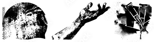 Halftone Portrait, Outstretched Hand, Crutches Vector Art Trio with Dot