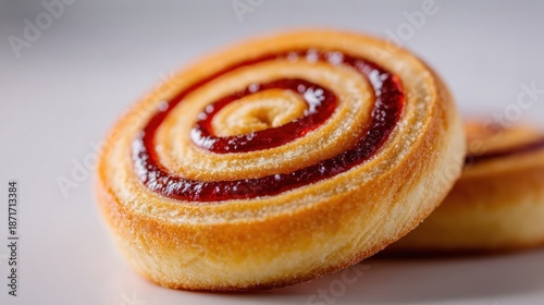 Close up view of appetizing baked pastry with red fruit marmalade filling