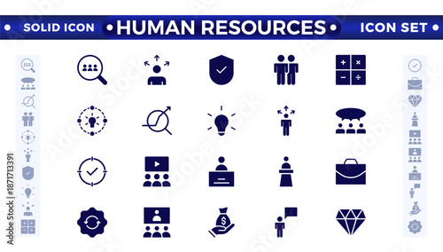 Set of solid icons related to HR, Human Resources, Recruitment, Employment, business, office, company, and management. Solid icon collection.