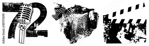 Vintage Microphone, Film Clapperboard, and Number Two in Grunge Texture