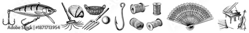Vintage Fishing Lure, Tools, Thread Spools, and Classical Music Instruments