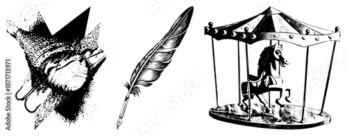 Vintage Inkwell Quill Pen and Carousel Horse with Starburst Eye Graphic