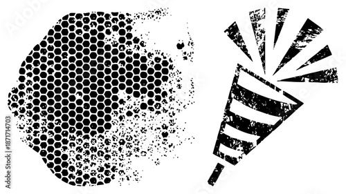 Honeycomb and Party Popper in Grunge Halftone Style