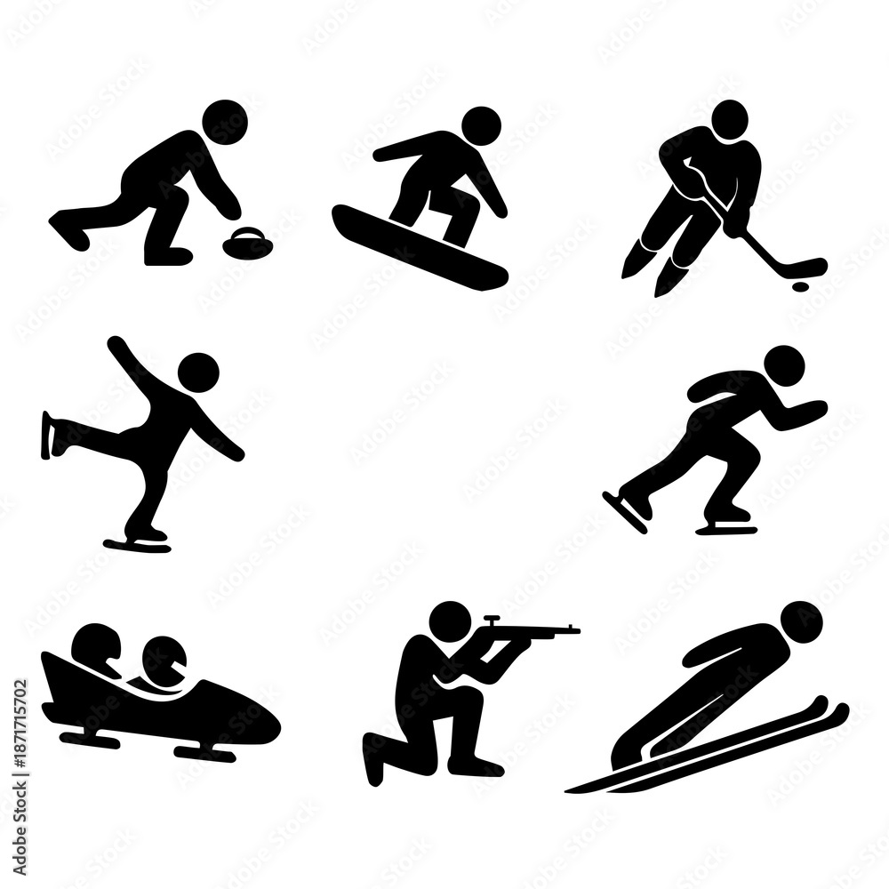 Fototapeta premium Set of winter sports icons with transparent background, flat vector pictograms of winter activities