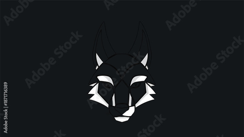 Intriguing black and white wolf head illustration against a dark backdrop.