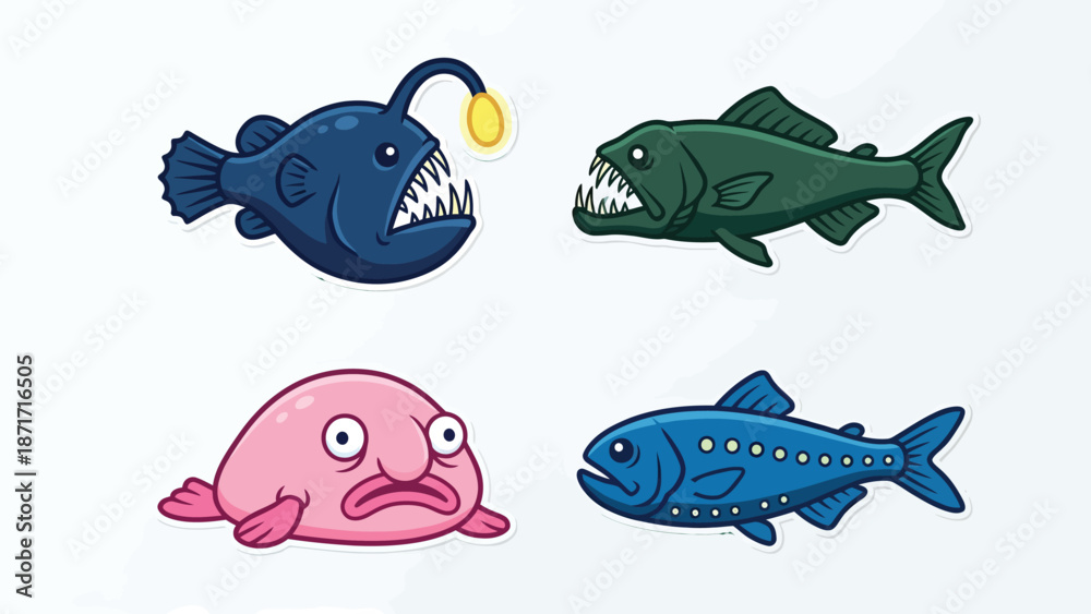 Fototapeta premium Cartoon Deep Sea Fish Illustrations on White Background
