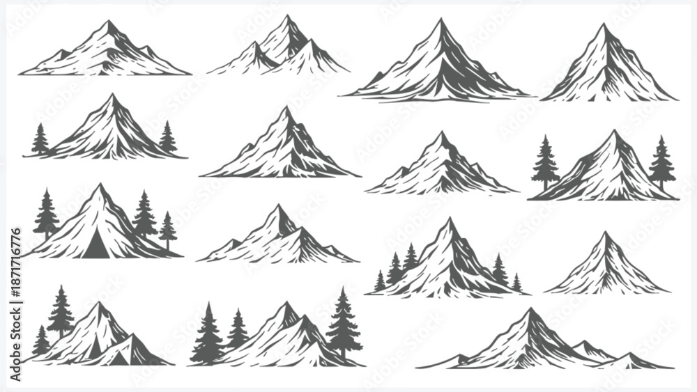 Obraz premium Black and white mountain landscape illustrations with pine trees