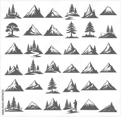 Collection of mountain and tree illustrations in various styles
