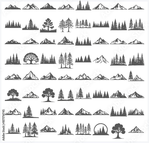 Collection of minimalist mountain and tree landscape silhouettes