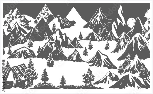 Black and white illustration of a snowy mountain range with pine trees