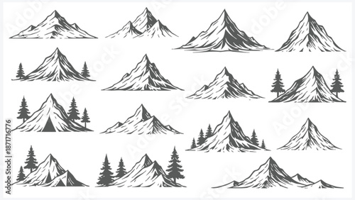 Black and white mountain landscape illustrations with pine trees